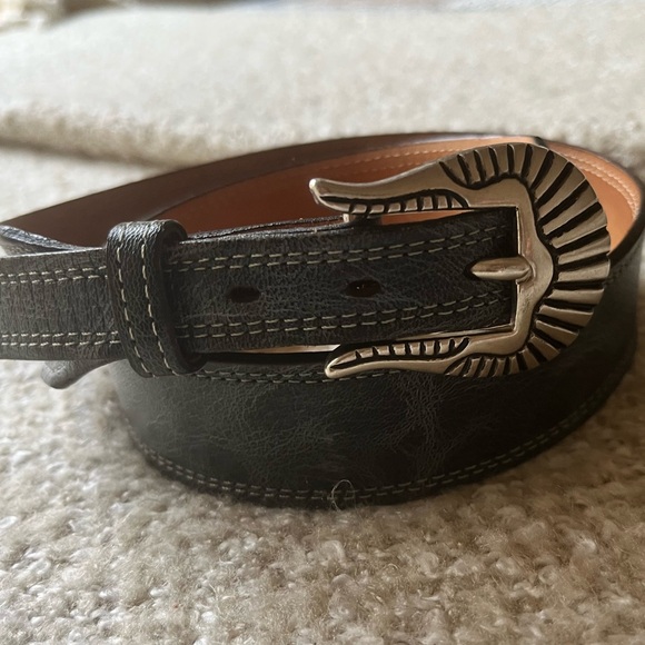 VTG 90’s Justin Gray Leather Tapered Belt Silver Navajo Ranger Buckle, Size S - Picture 1 of 9